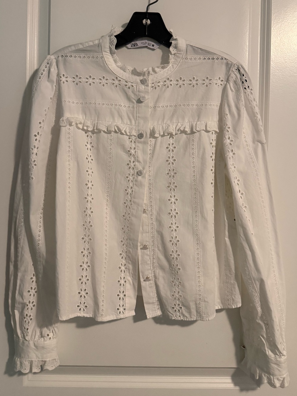 Zara White Eyelet Ruffle Front Button Blouse